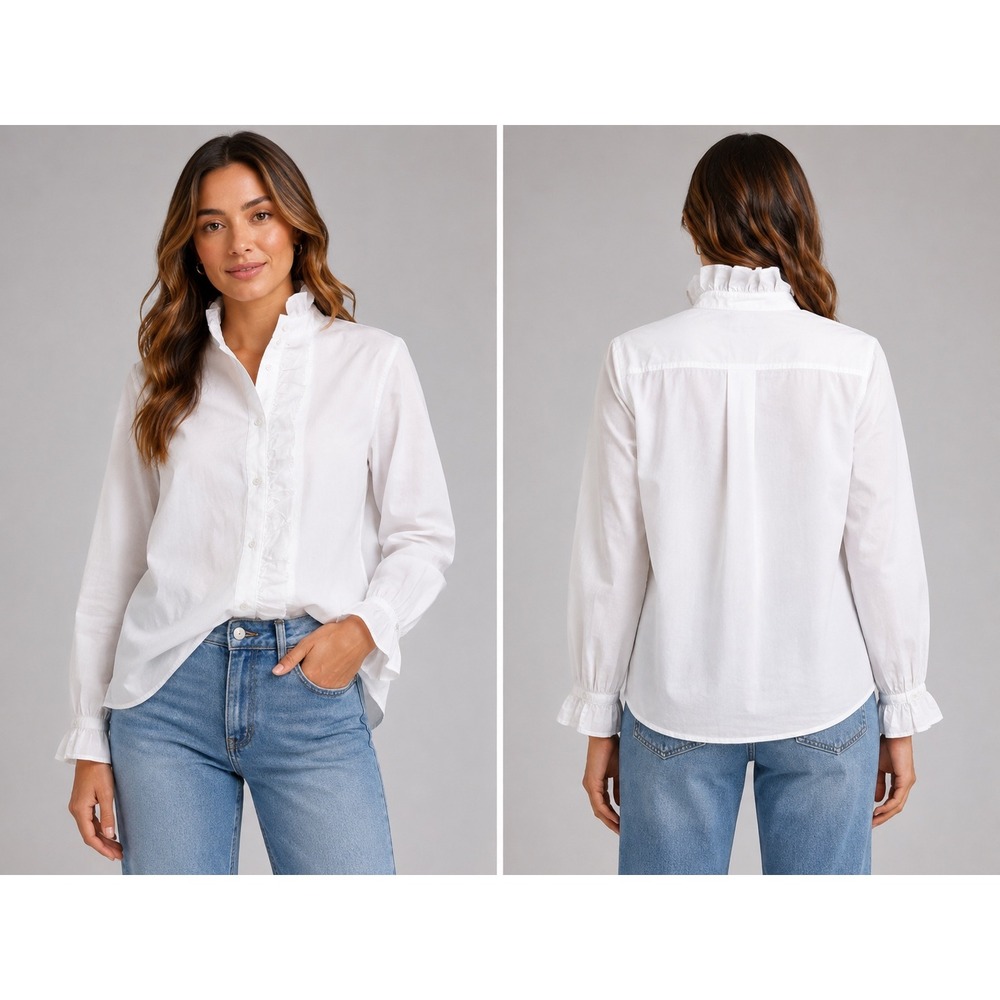 J.Crew Cottage Top Cotton Poplin White Ruffle Button Front Blouse Size 6